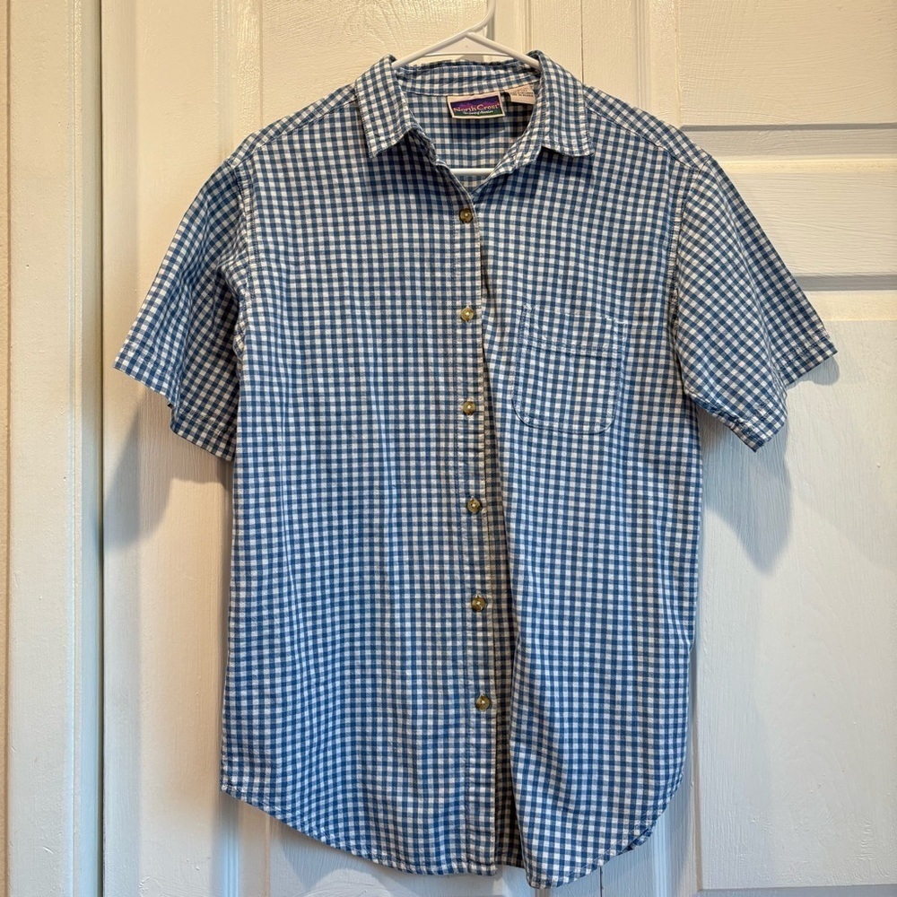 Vintage North Crest Blue Gingham Short Sleeve Button Up Top - Size Medium
